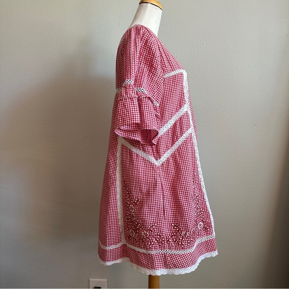 Free People Sunny Day Embroidered Red Gingham Shift Dress with Short Sleeves - Picture 3 of 11